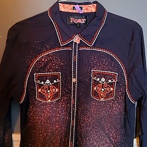 Blue Roar Button Down with Cross and Rhinestones